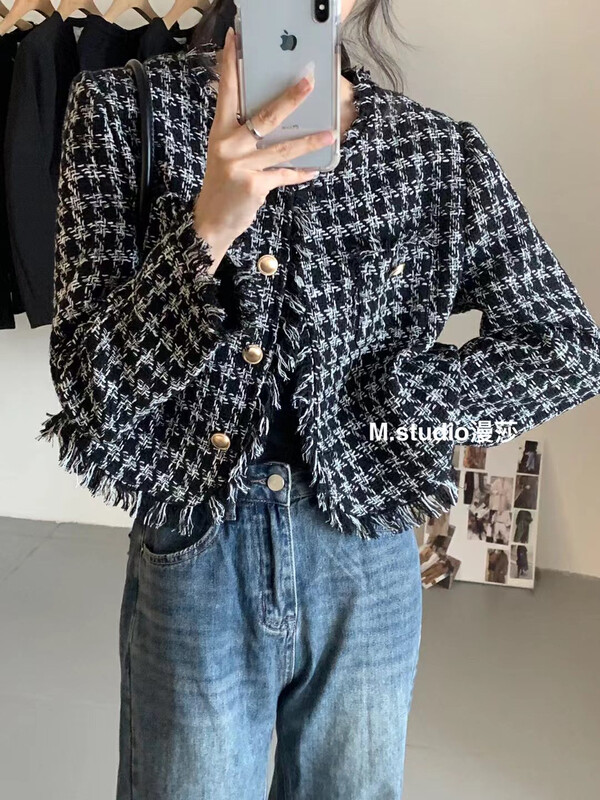 New in autumn! [MSTUDIO Mansha] Single-breasted plaid fashion short coat y6968# HBX