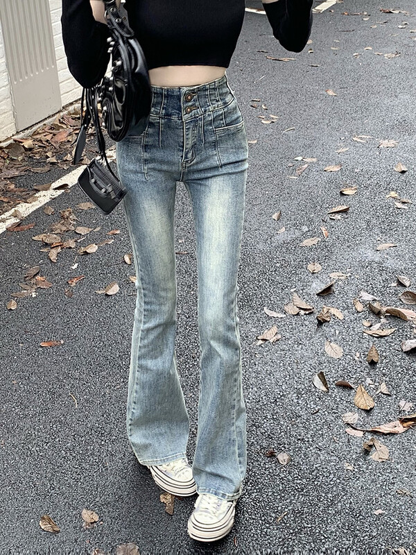 Autumn models are new! [Timely rain] Korean style ins high waist is thin, washed and polished white elastic slim-fit micro-flare jeans 01785# WPL