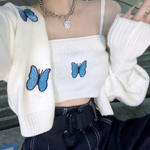 South Korea imported spring new embroidered butterfly knitted suspender cardigan two-piece suit
