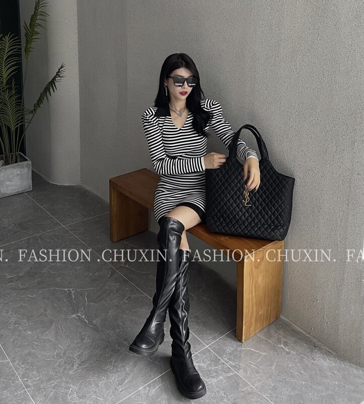 New in autumn! [C.X original heart] POLO collar age-reducing striped puff sleeve top + slimming skirt suit Z388# WTT