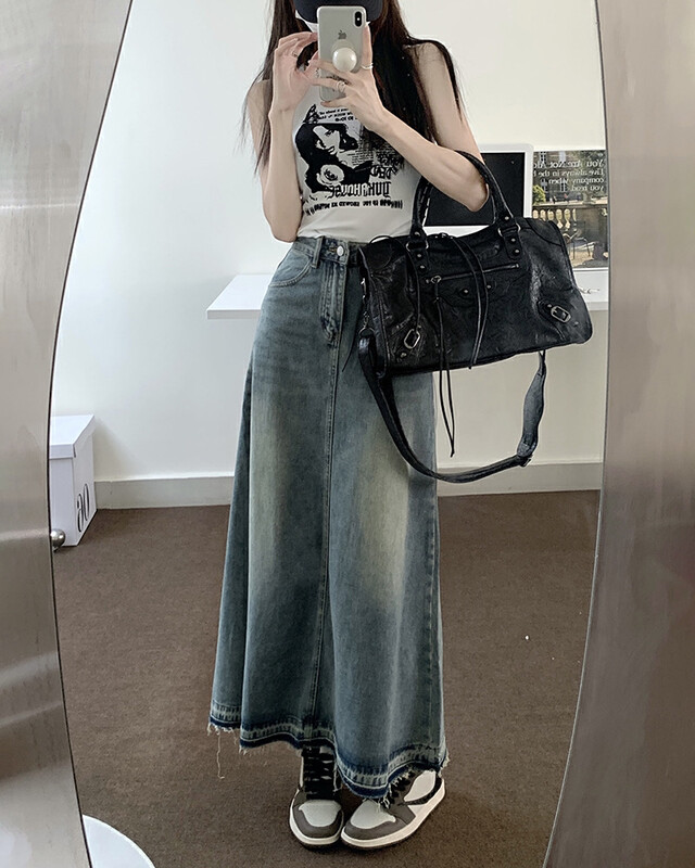 New in early autumn! [Timely rain] Hanfeng ins retro raw edge high waist and thin A-line skirt 14199# WPL