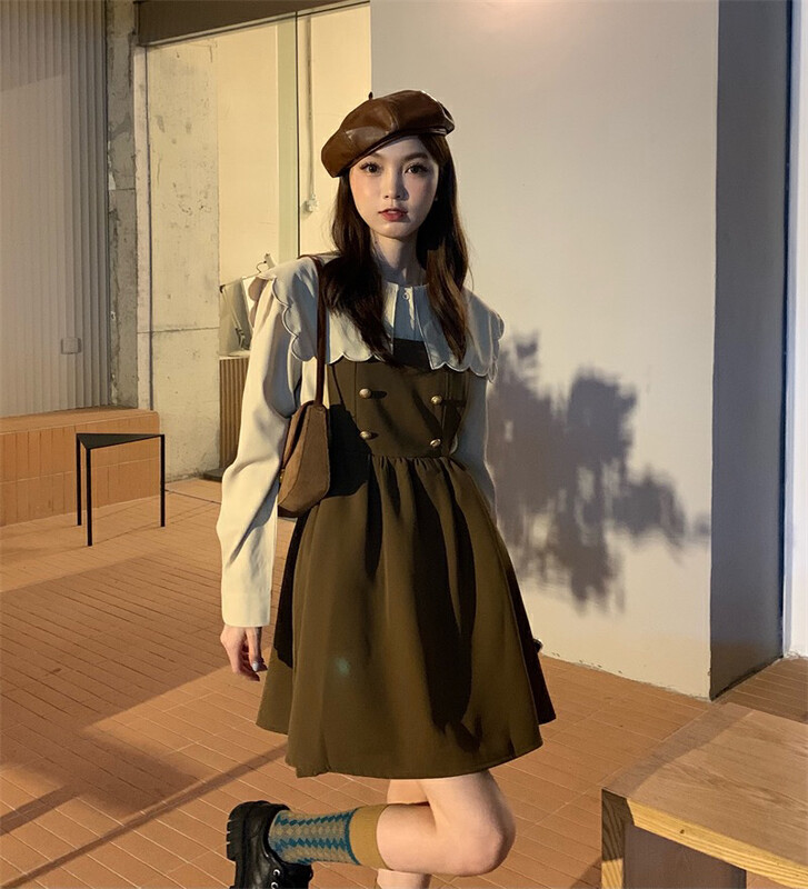 New in early autumn! [Timely rain] Korean style ins retro design sense double row high waist slim A-line dress (excluding collocation) 44174# WPL
