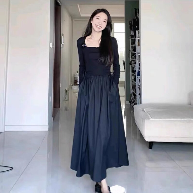 New in autumn!【KIKI STUDIO】Korean dress with waist and square neck slimming dress 6535# HJY