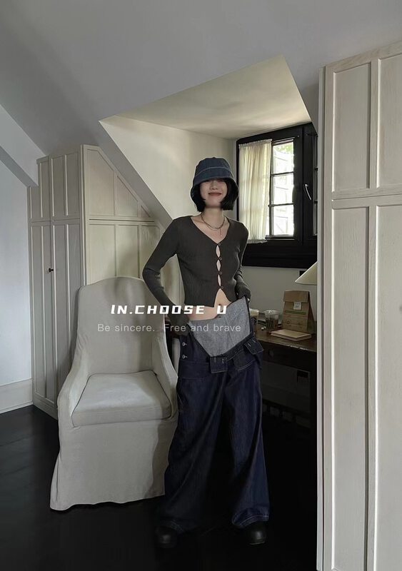 Early autumn new [IN.CHOOSE U] design wide side single pocket denim overalls 69370# CQW