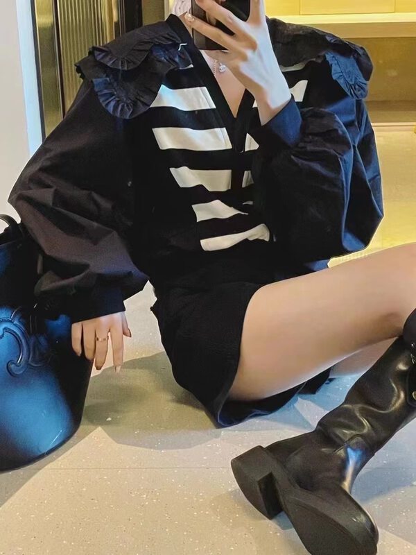 New in autumn! [Korean C home] stitching doll collar striped shirt 0189# PCZ