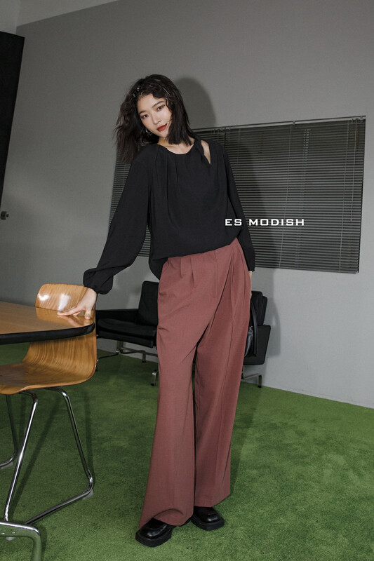 New in early autumn!【ES MODISH】Designed round neck solid color chiffon shirt BL1751# CQW