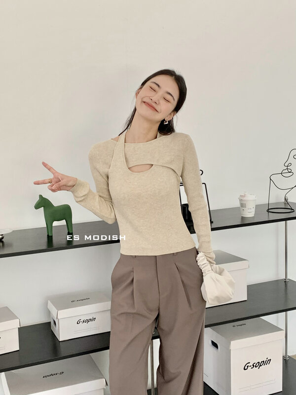 New in autumn!【ES MODISH】Cross halterneck design slim fit warm sweater BL1849# CQW