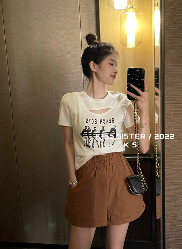Original price 50.76! 【KISS SISTER】Korean version of sweet and cool hot girl design short-sleeved T-shirt 9229# CQW