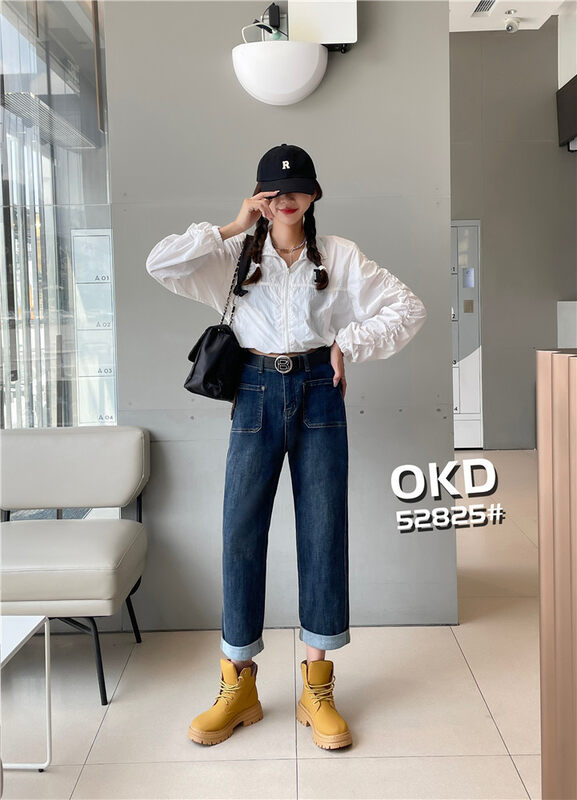 Autumn is new! [OKD] Casual high waist elastic pocket design cross jeans (with belt) 52825# GY