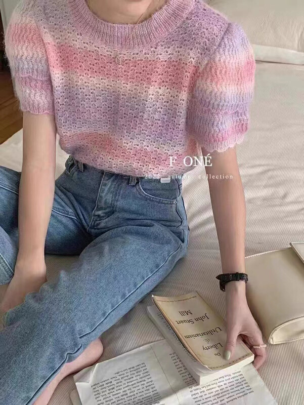 New in autumn! [I-D] Korean color strawberry short-sleeved sweater YS3097# L