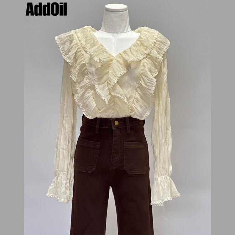 New in autumn! [ADDOIL] wave craft V-neck chiffon shirt 22035# ZXL