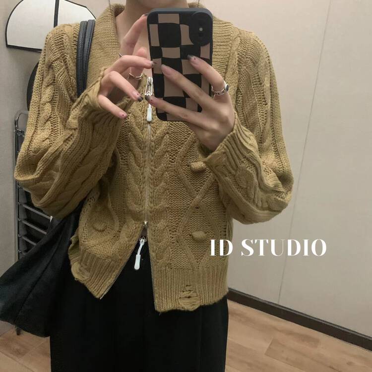 New in autumn!【I-D】Korean double zipper lapel warm sweater 3220# L