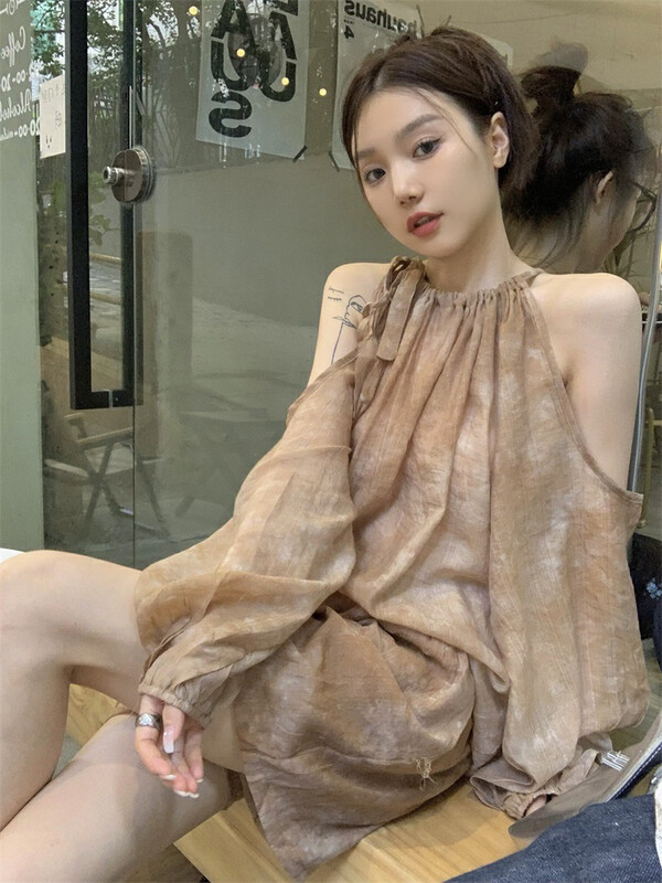 New in early autumn! [Timely rain] Loose design long-sleeved off-the-shoulder tie-dye shirt + thin high-waisted wide-leg casual shorts suit 00759# WPL