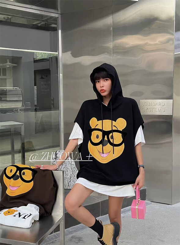 Autumn models are new! [Strictly selected by buyers - Zhuowa] Winnie the Pooh printed hooded loose vest (without inner wear) 5163# CL