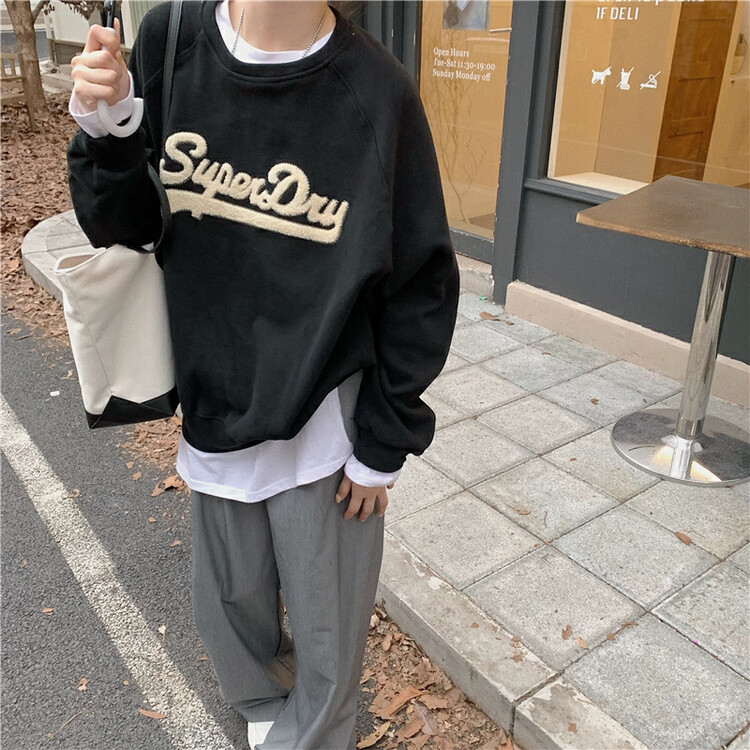 Autumn is new! [Timely rain] Korean style ins loose pullover design exquisite embroidery plus thin velvet long-sleeved sweater 44530# WPL