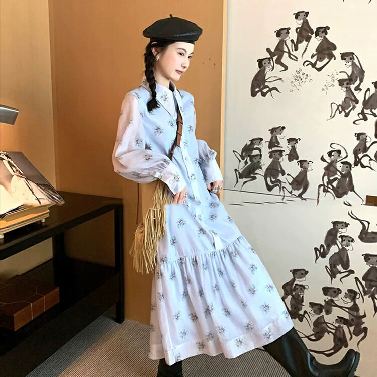New in autumn!【KIKI STUDIO】Korean version of chiffon printed lapel breasted dress 6706# HJY