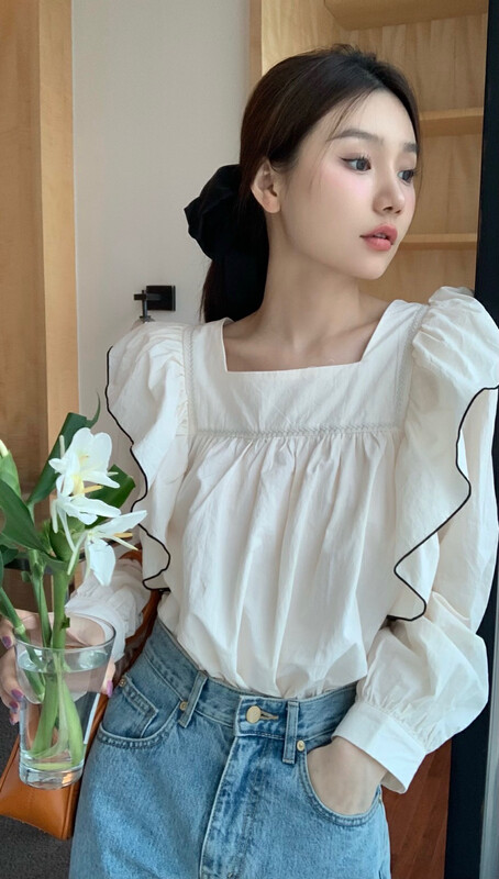 Original price 84.60! New in early autumn! [Timely rain] Korean style ins retro design sense niche temperament ruffled pleated wide shirt YS1-559# WPL