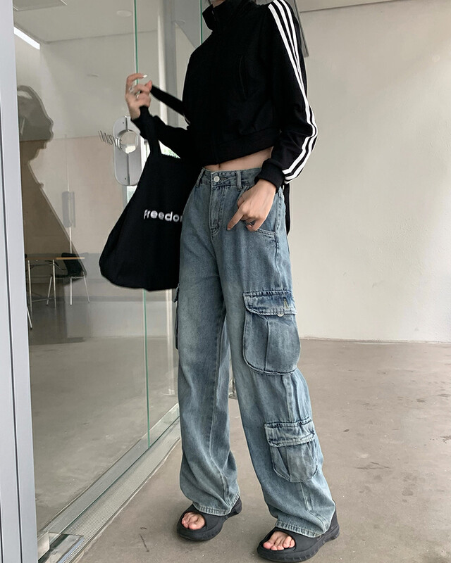 New in autumn! [Timely rain] Korean style ins American retro design large pockets loose all-match wide-leg jeans 89255# WPL
