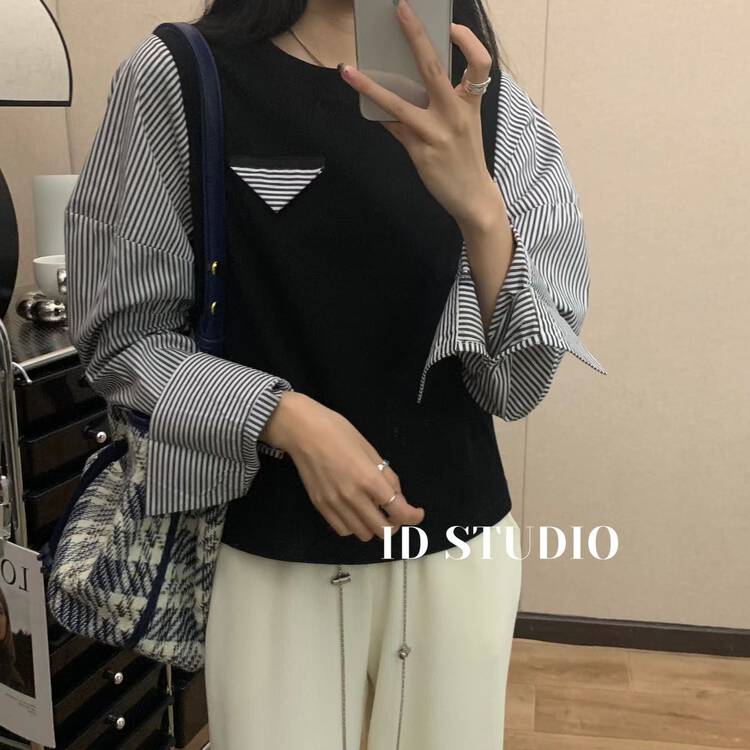 New in autumn! [I-D] Korean version all-match stitching shirt (with necklace) YS8396# L