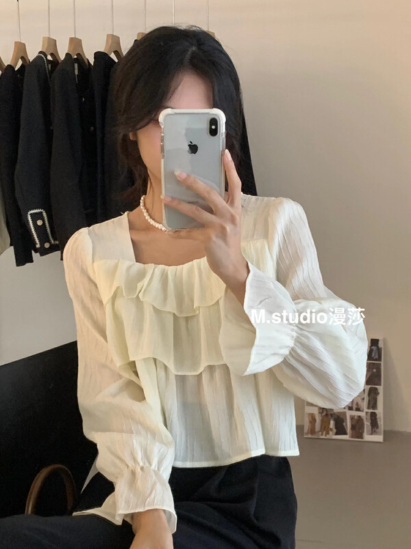 Autumn is new! [MSTUDIO Mansha] Square collar lotus leaf shirt t298# HBX