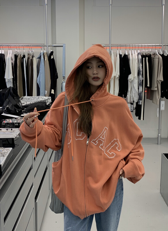 [11AN] Personalized Letter Embroidery Loose Hooded Cardigan Short Jacket A6978