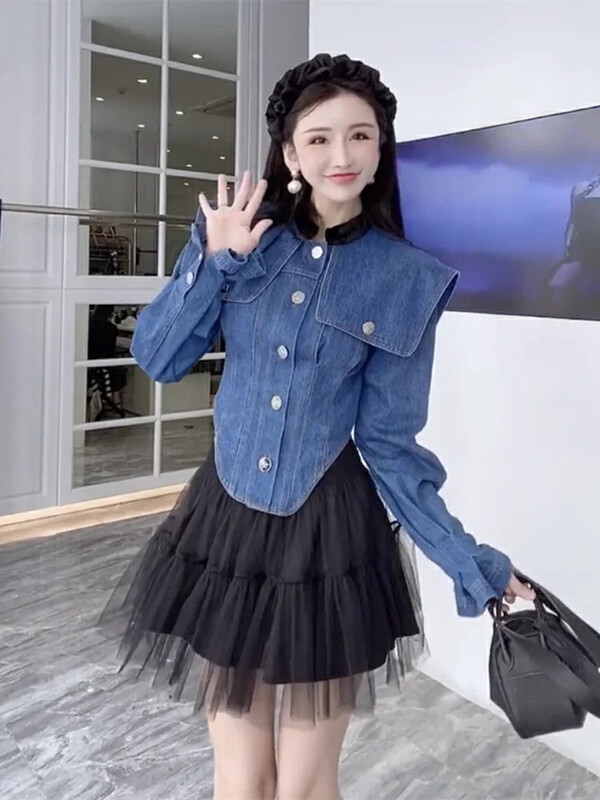 【KIKI STUDIO】Hong Kong-style hot girl denim jacket + skirt suit 6742# HJY