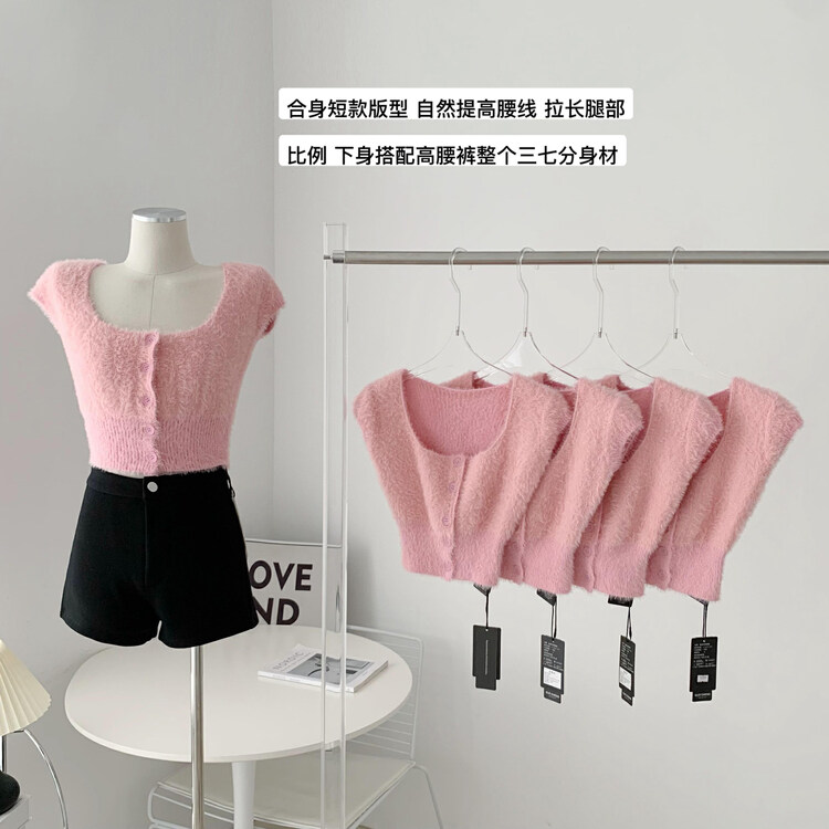 New in autumn!【KAKAJIA】Pink Mohair Short Sleeve Knit Sweater 2594# OZQ