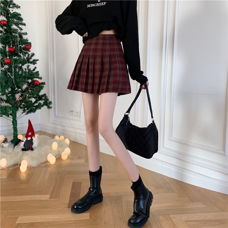 New in early autumn! [Timely rain] Korean style ins retro sweet design high waist pleated plaid slim A-line skirt AF117# WPL
