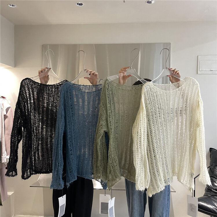 New in autumn!【IN.CHOOSE U】Simple solid color loose hollow knitted sweater A69365# CQW