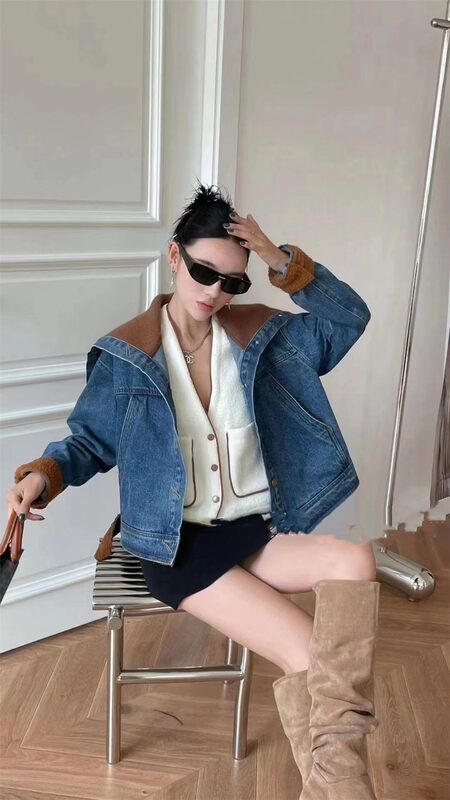 Autumn is new! [Yayiro] Korean style color-blocking fashion denim jacket + V-neck all-match vest suit 6969-1# GYJ