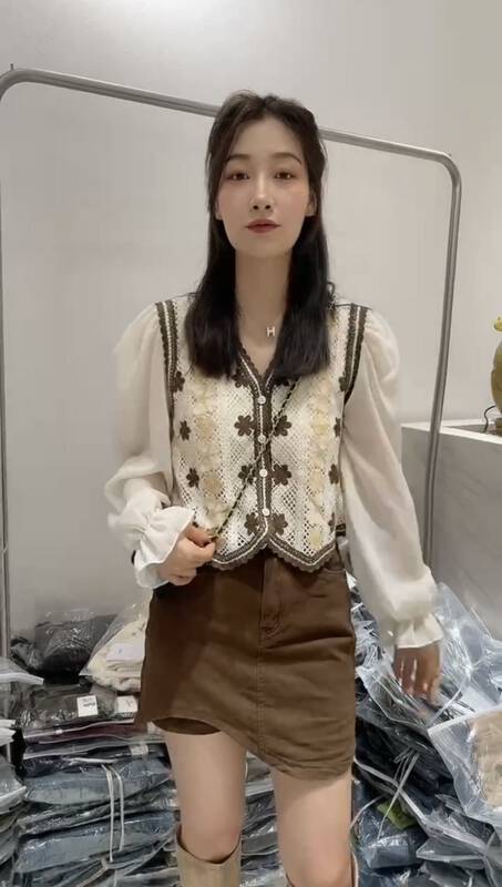 New in autumn! [I-D] Korean crocheted V-neck shirt YS3133# L