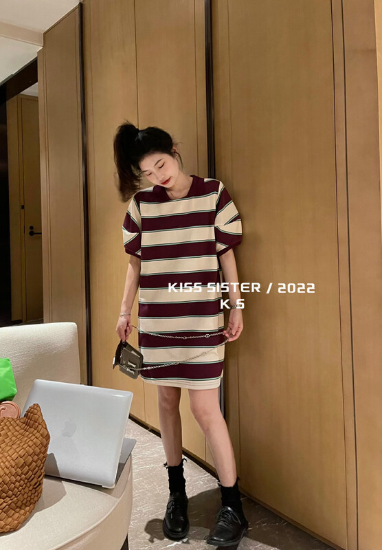 【KISS SISTER】Korean style striped slim polo neck dress 22A9690