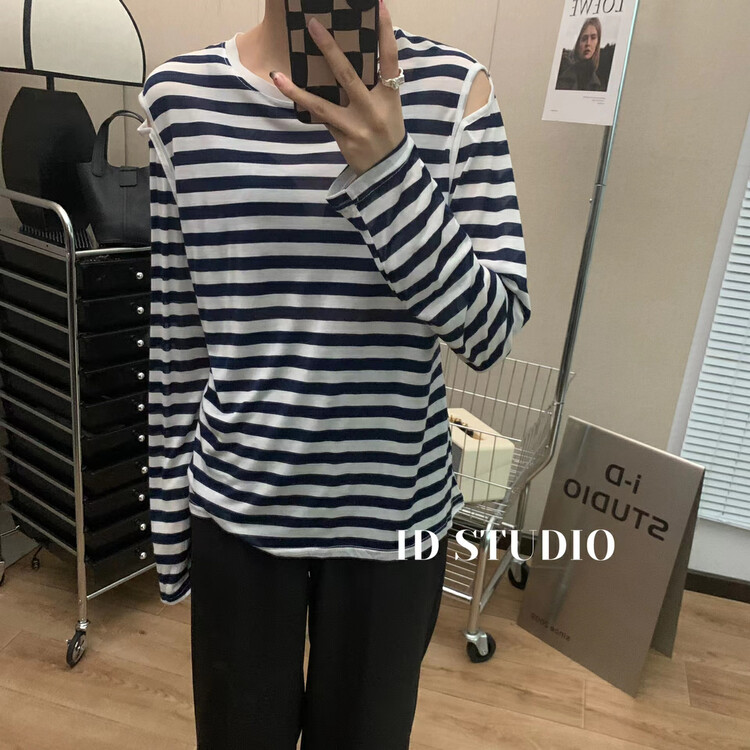 New in autumn! [I-D] Korean version off-shoulder striped shirt YS8318# L