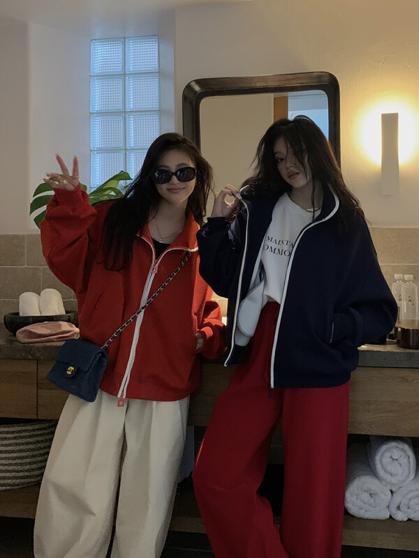 [11AN] Contrast color lapel zipper cardigan short jacket A6816