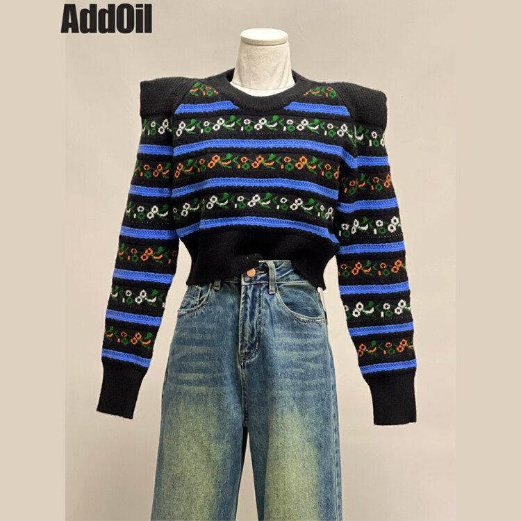 New in autumn! [ADDOIL] Retro color-blocking flower warm sweater 9051-1# ZXL