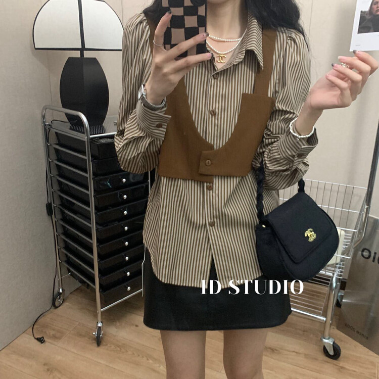 New in autumn! [I-D] Korean style design niche long-sleeved lapel stitching fake two-piece shirt 6205# L