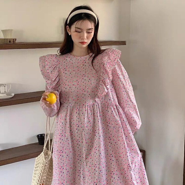 New in autumn! [Timely rain] Korean style ins sweet girly design floral loose loose slim dress 46211# WPL