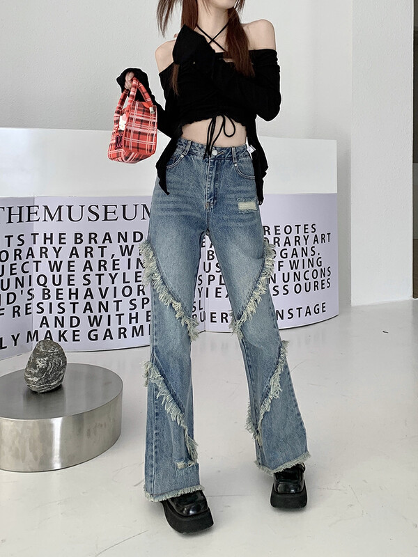 Autumn is new! [Timely rain] Korean style ins retro design sense niche raw edge stitching high waist slim jeans 01799# WPL