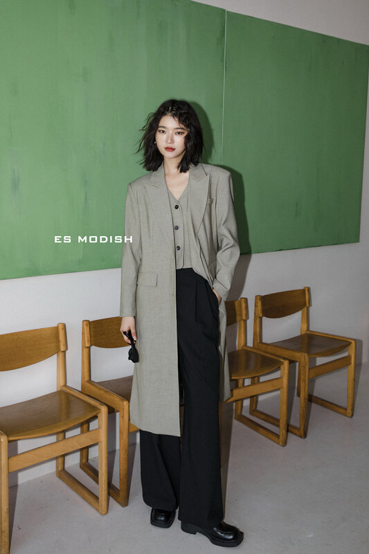 New in autumn!【ES MODISH】Temperament fake two-piece breasted long suit JK1810# CQW