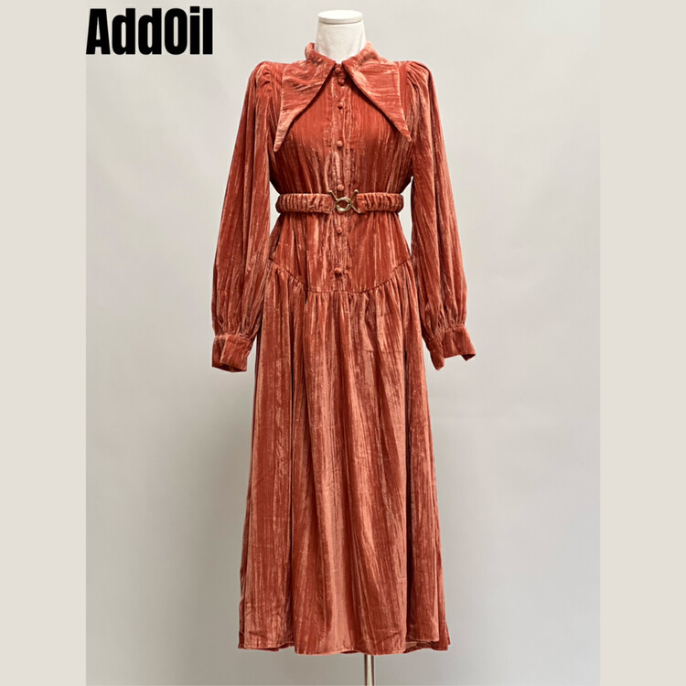 New in autumn!【ADDOIL】Vintage velvet long-sleeved dress (with belt) 85050-1# ZXL