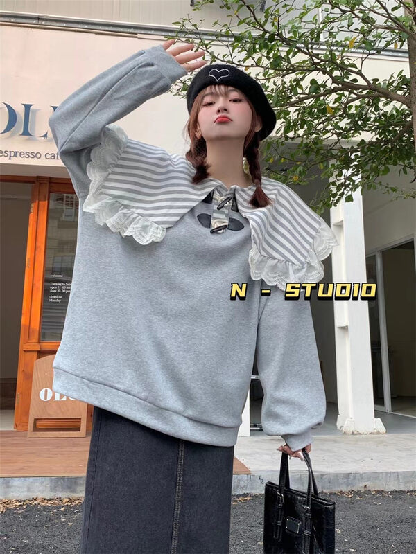 New in autumn!  【N】Casual Loose Striped Contrast Color Large Lapel Sweatshirt Q246# WTT
