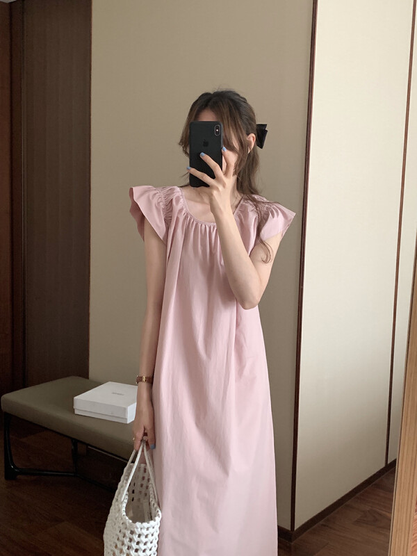【T.G】Solid color pleated all-match dress (with waist rope) 17602# CLS