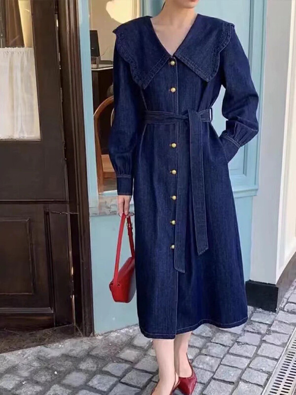 New in autumn!【KIKI STUDIO】Korean version of big lapel denim dress (with belt) 6693# HJY