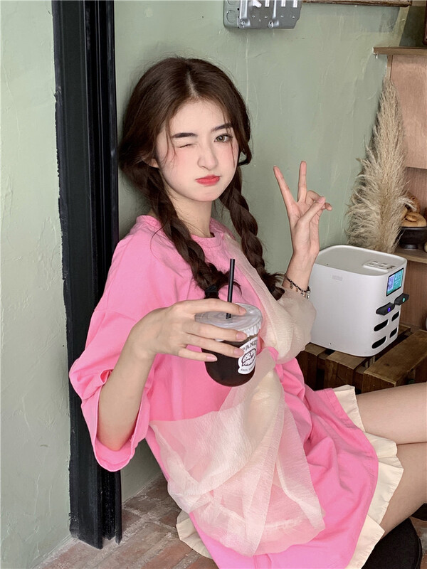 [Timely rain] Korean style ins sweet design sense stitching organza bow loose round neck mid-length short-sleeved T-shirt AA233# WPL
