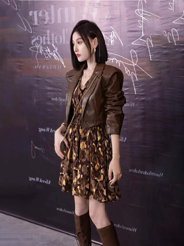 New in autumn!【KIKI STUDIO】Fashion Leather + Hong Kong Style Retro Floral Dress Set 6740# HJY