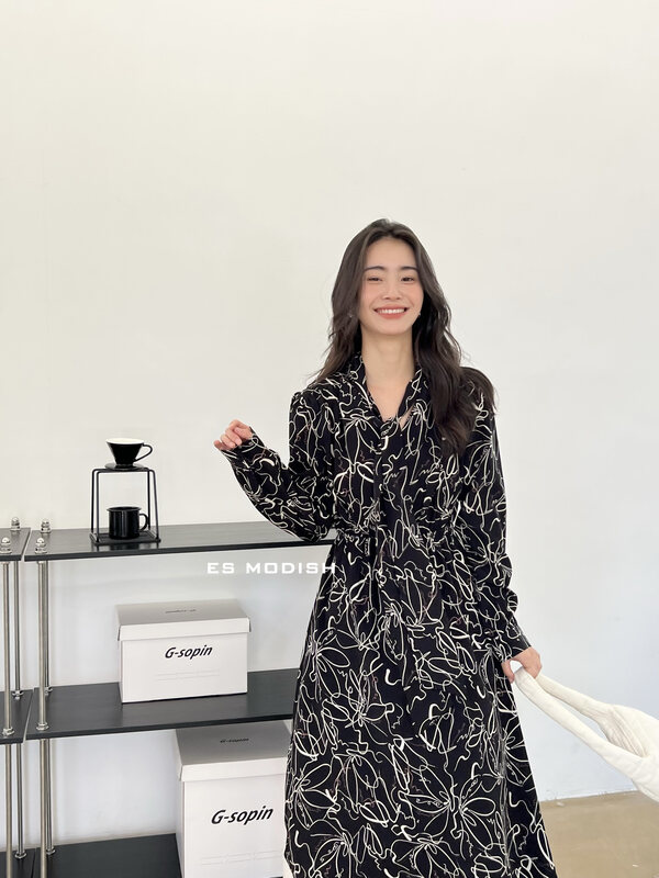 New in early autumn! [ES MODISH] National style design tie print slim dress (with tie) OPS1800# CQW