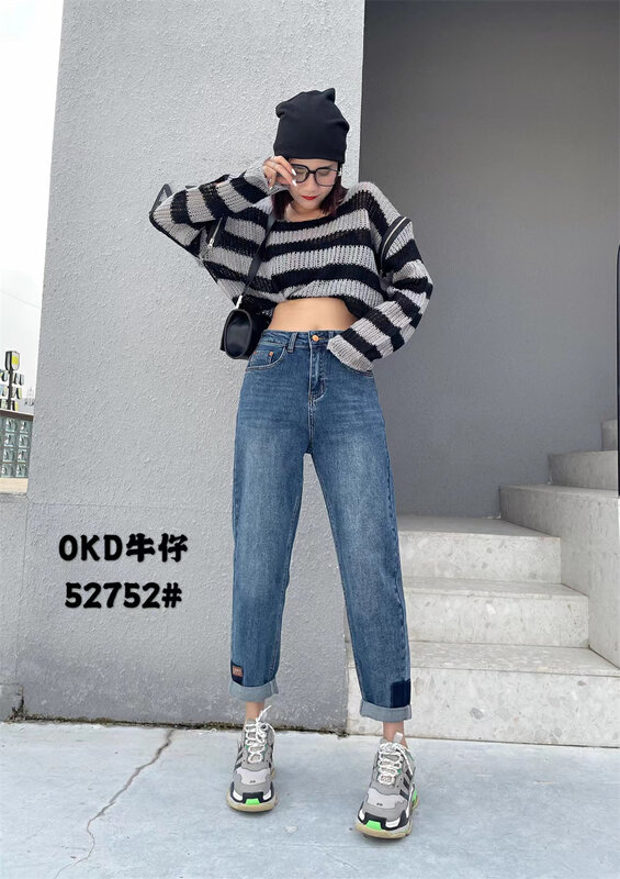 New in autumn! [OKD] Rear leather brand trousers eye shadow design Harlan all-match thin jeans 52752# GY