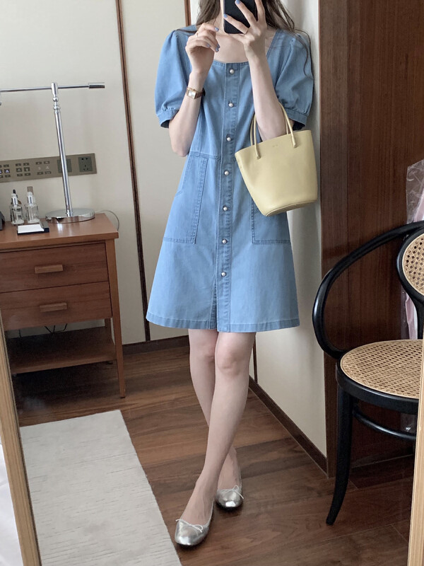Original price 130.72! 【T.G】Little woman square neck denim dress 17530# CLS