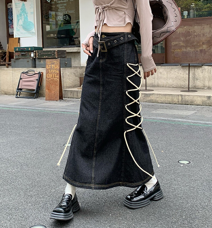 Autumn is new! [Timely rain] Korean style ins design sense niche side straps high waist and thin tie fishtail skirt (with belt) 89147# WPL