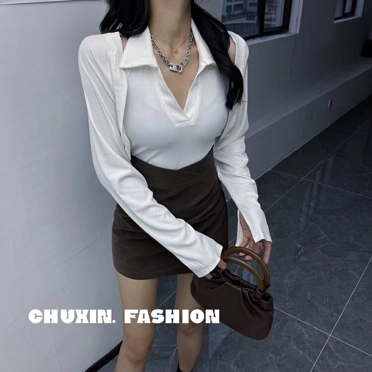 Autumn is new! [C.X original heart] Simple small shirt + all-match vest two-piece suit -6523# WTT